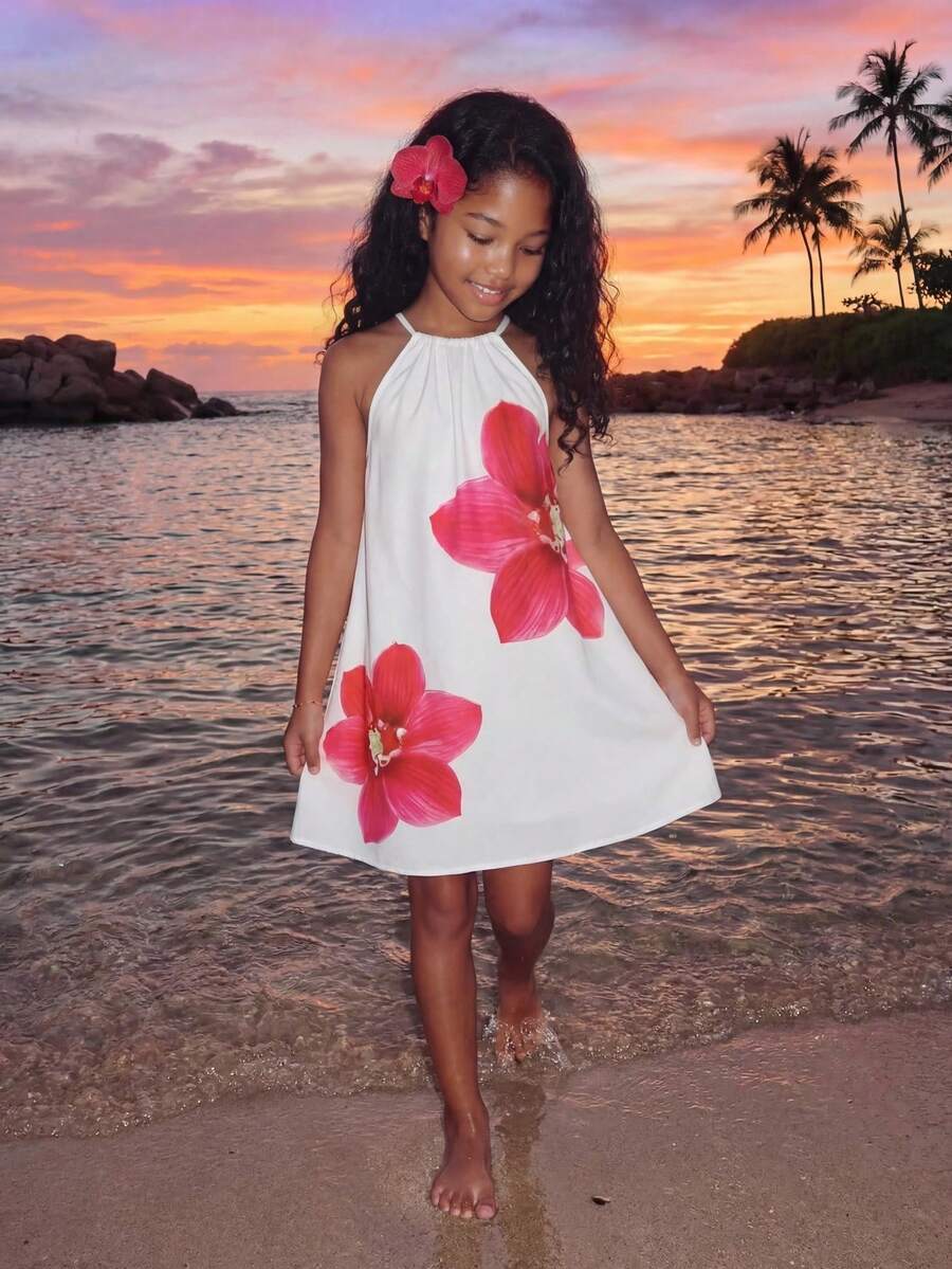 Tween girls floral halter A-line dress with contrast lace, applique and fringe details, sleeveless short length in polyester