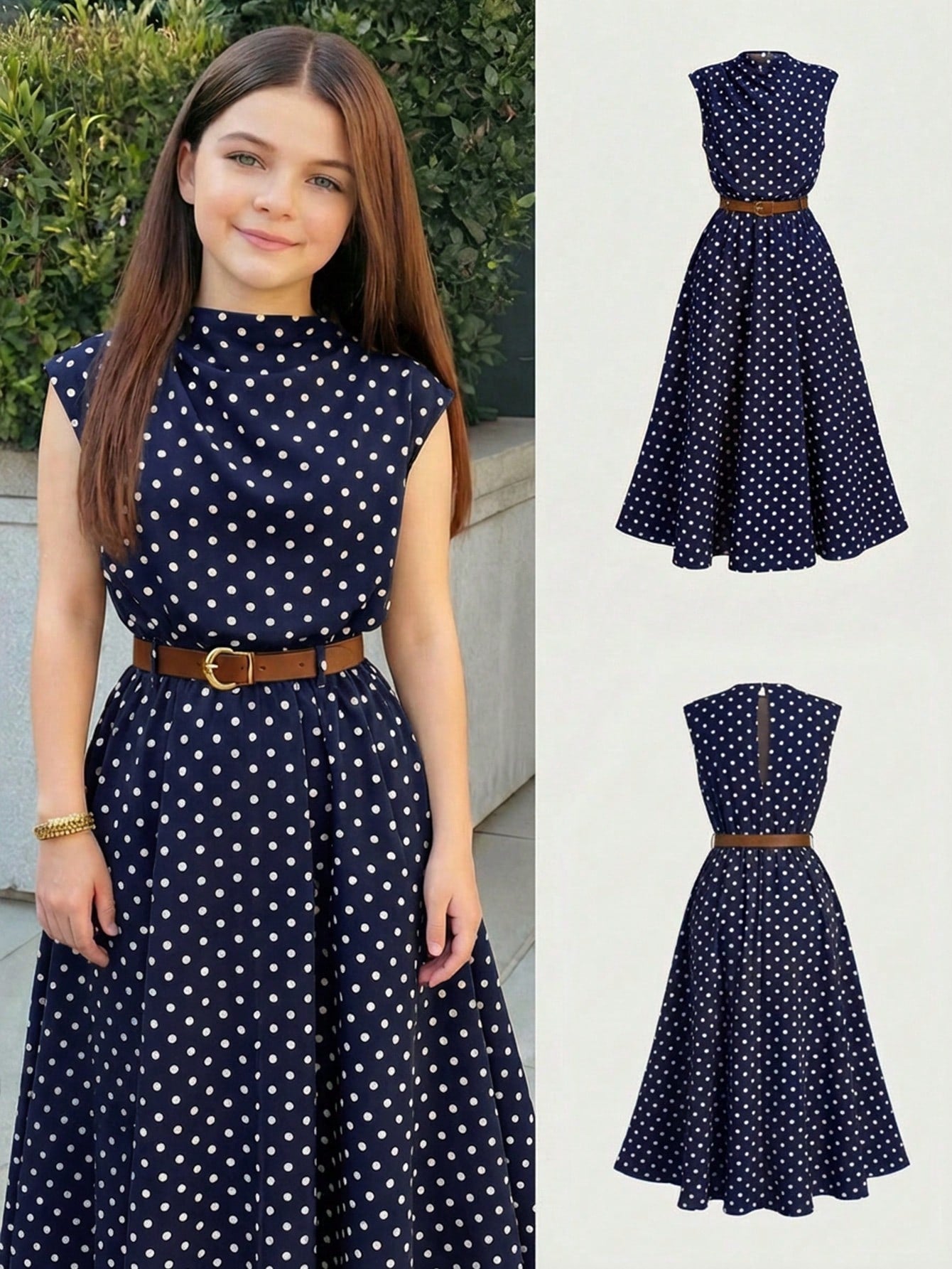 Tween girl wearing an apricot plant print long dress featuring a stand collar, short sleeves, high waist, flared hem, and back zipper closure.