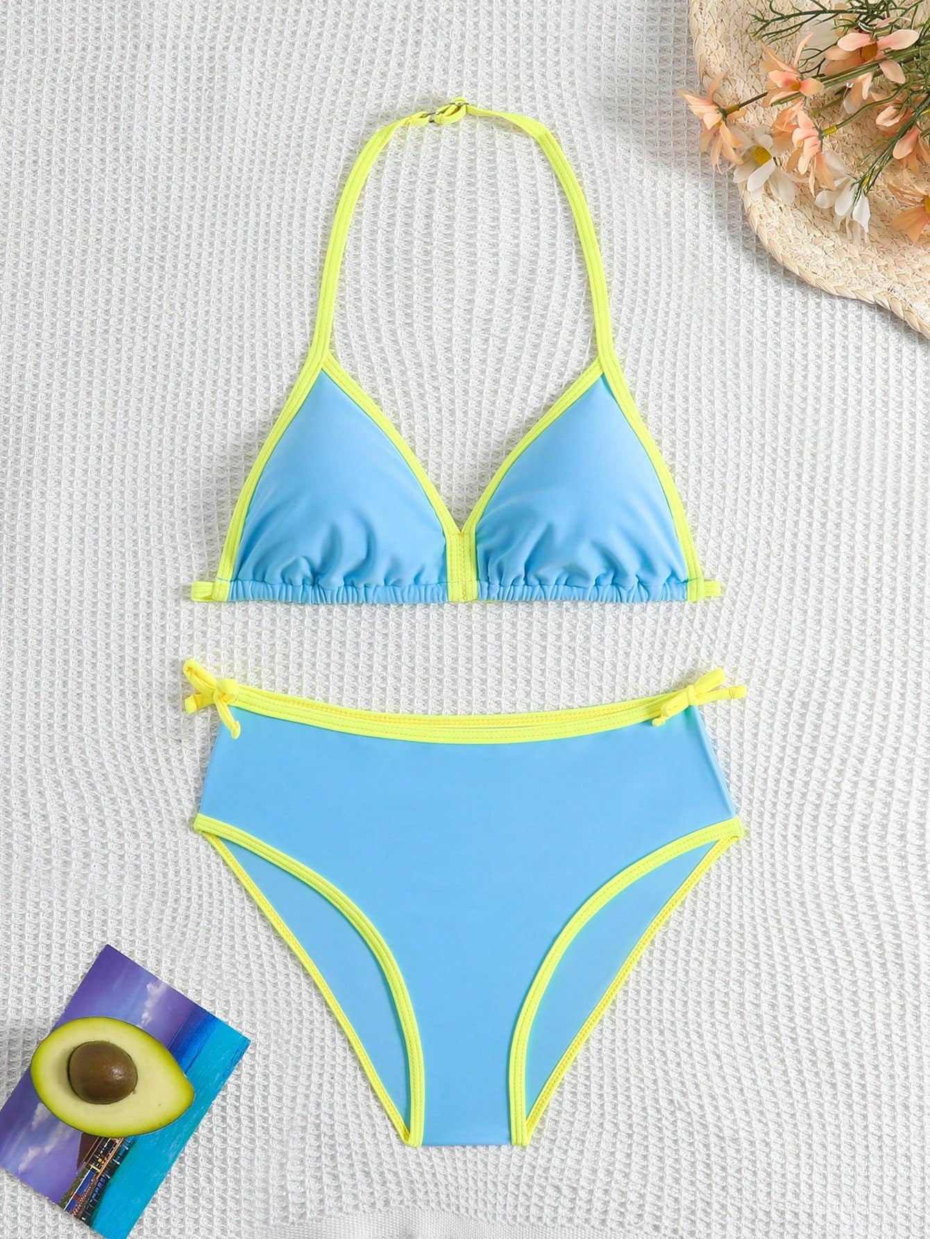 Tween Girl Summer Beach Vacation Contrast Color Halter Bikini Set