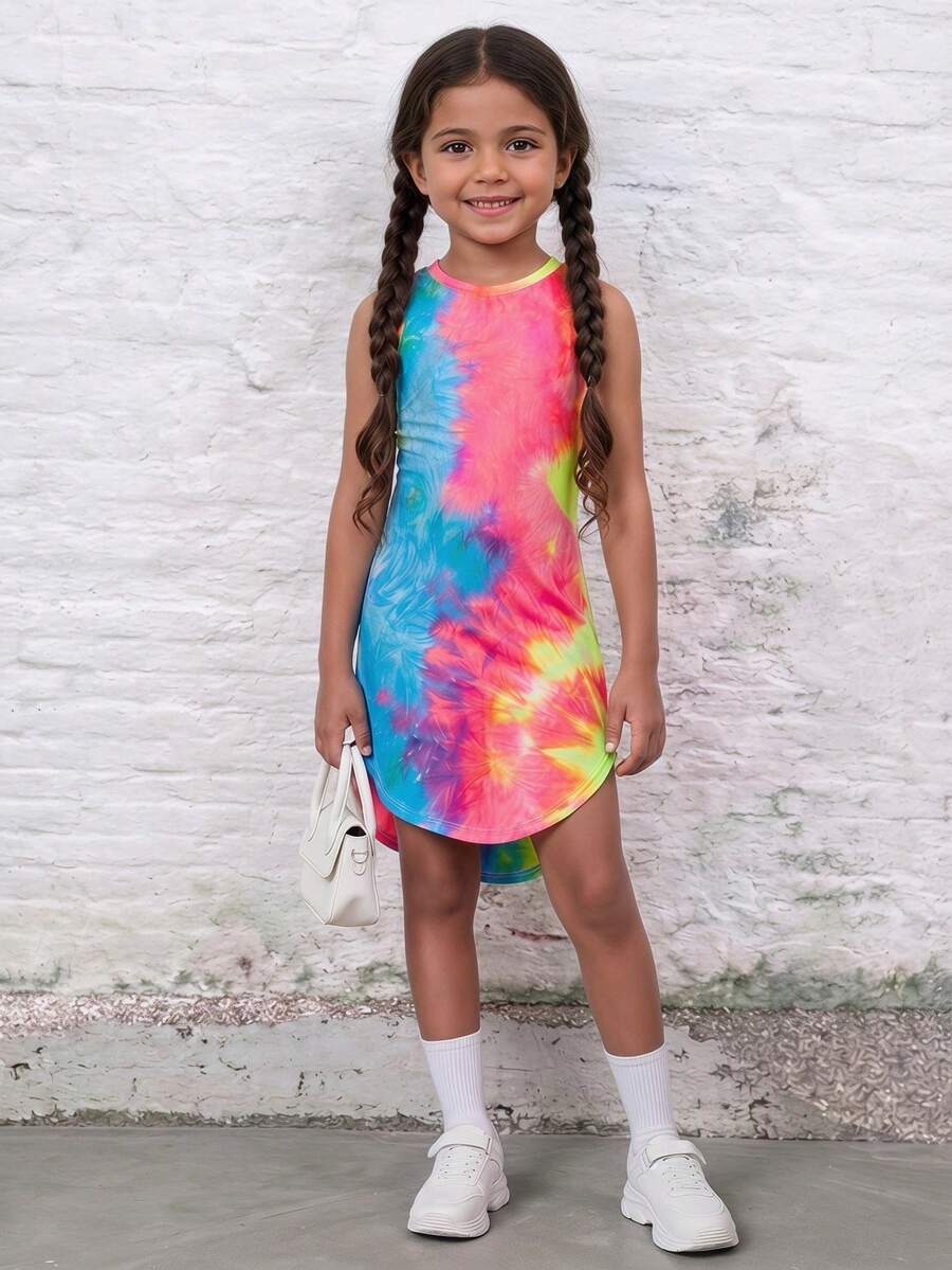Tween girls sleeveless tie-dye tank dress with round neck, loose fit, short length, and asymmetrical hem in a casual streetwear style