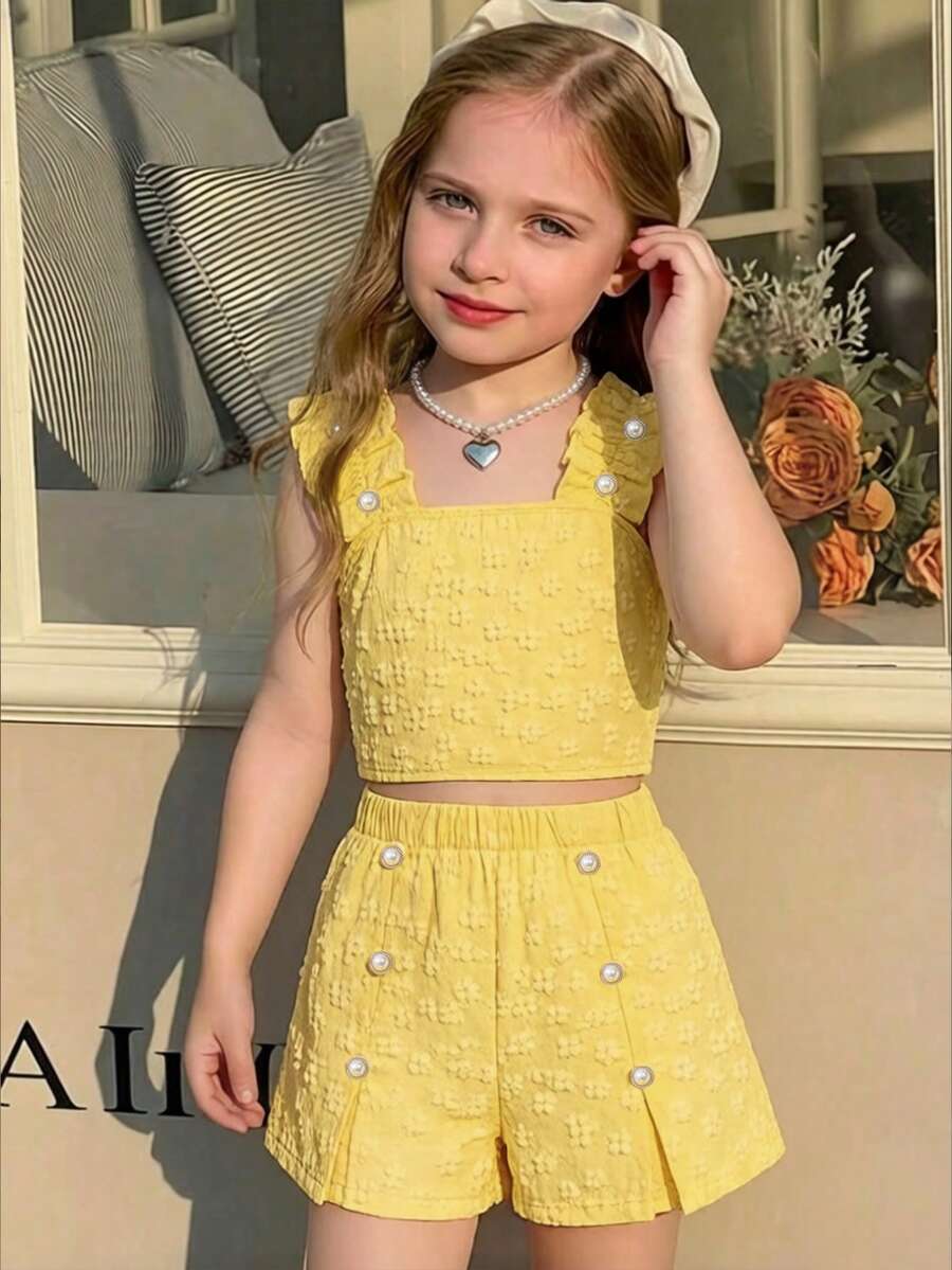 Apricot two-piece summer outfit for tween girls featuring a sleeveless pleated square-neck camisole top with button details and matching gathered shorts.