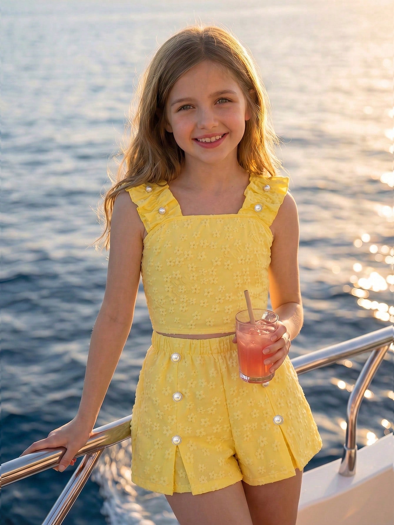 Apricot two-piece summer outfit for tween girls featuring a sleeveless pleated square-neck camisole top with button details and matching gathered shorts.