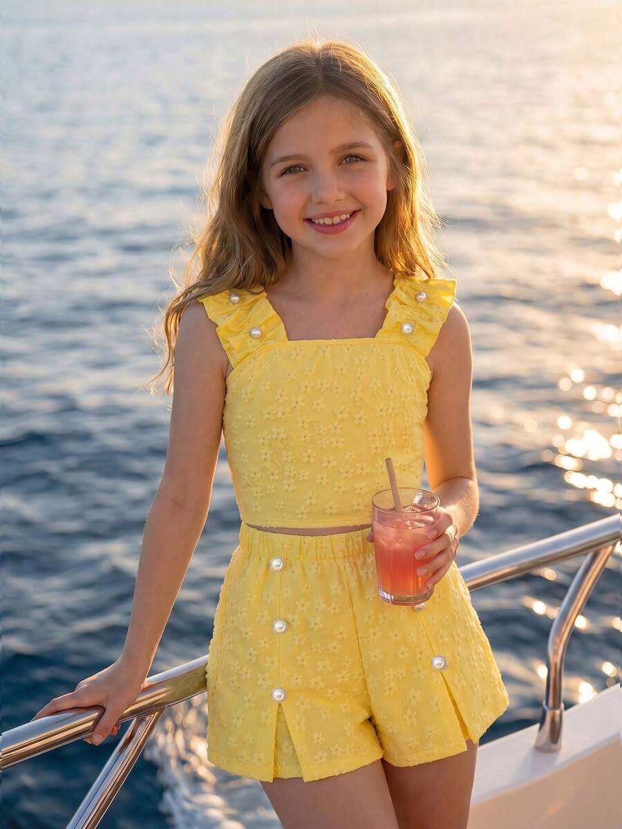 Apricot two-piece summer outfit for tween girls featuring a sleeveless pleated square-neck camisole top with button details and matching gathered shorts.