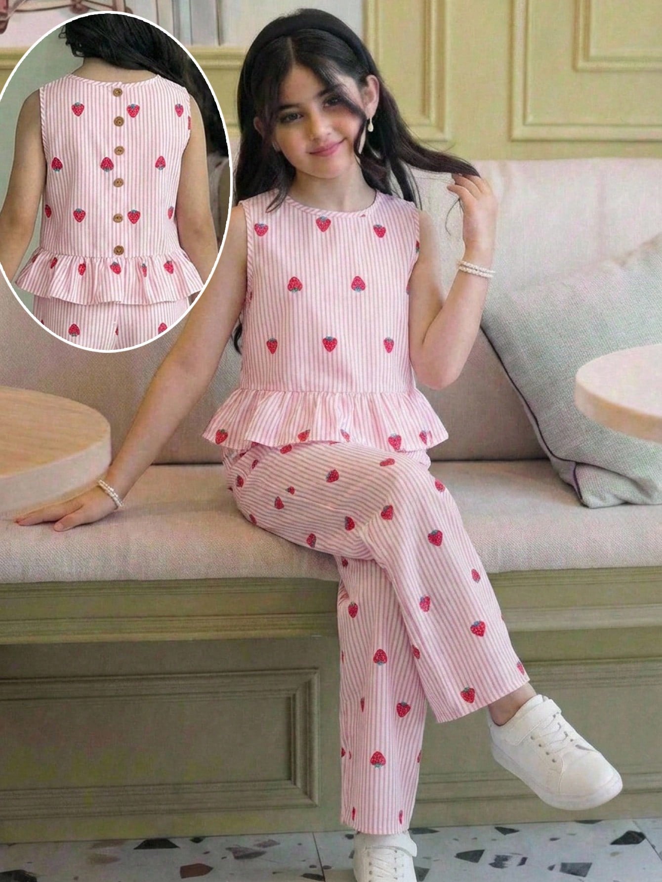 Tween girls casual apricot striped sleeveless top with round neck and ruffle hem paired with matching straight leg pants.