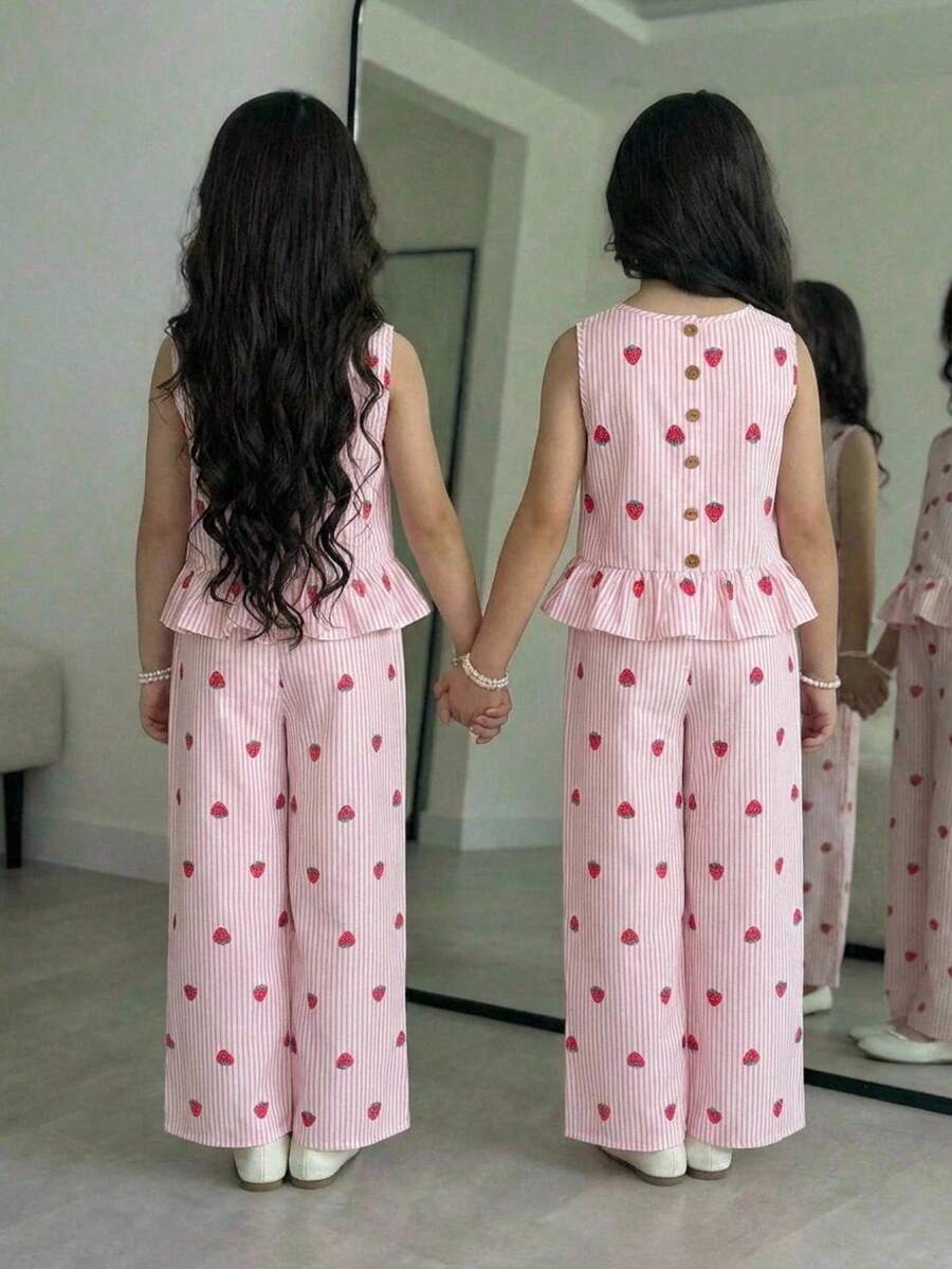 Tween girls casual apricot striped sleeveless top with round neck and ruffle hem paired with matching straight leg pants.