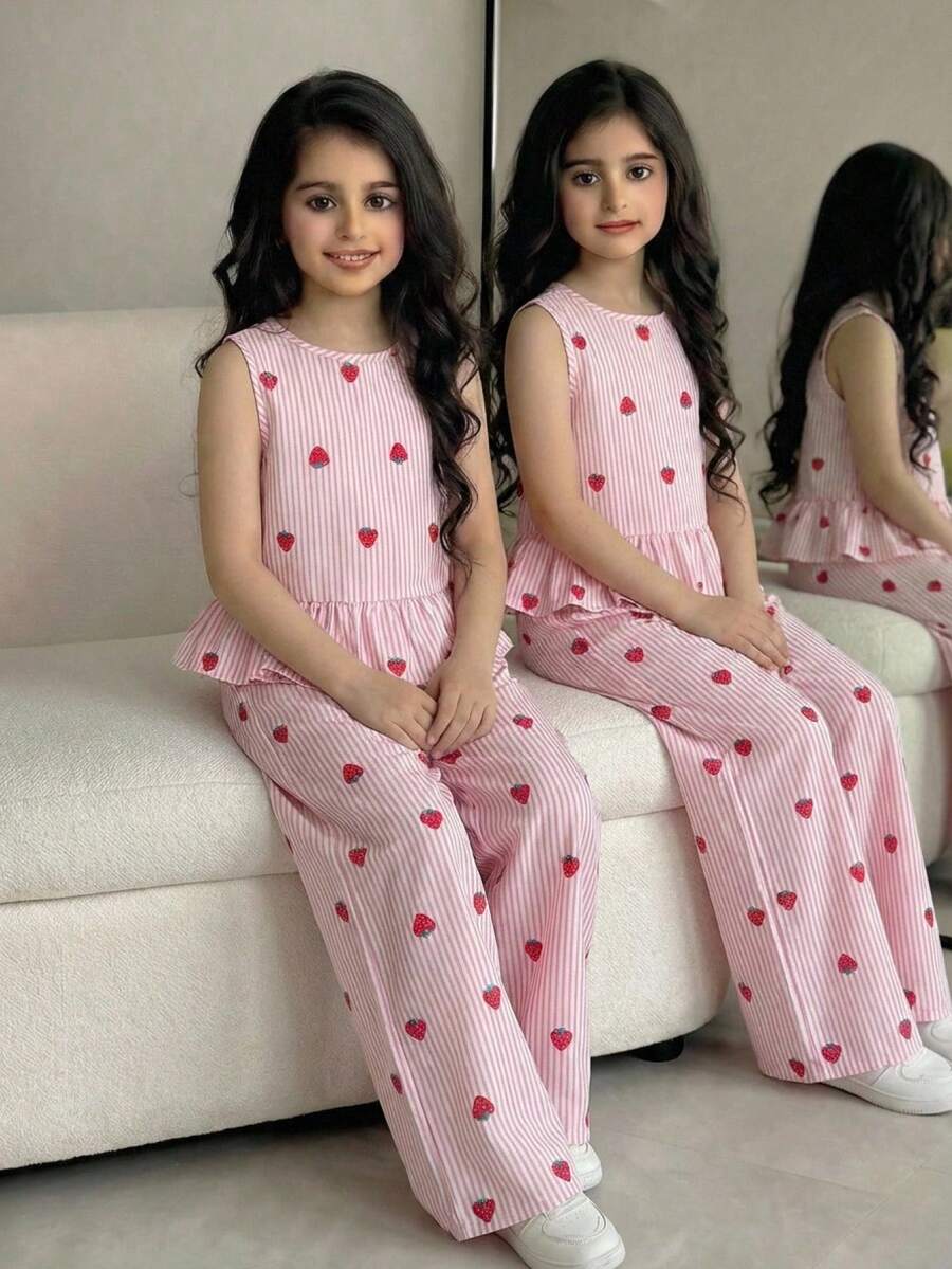 Tween girls casual apricot striped sleeveless top with round neck and ruffle hem paired with matching straight leg pants.