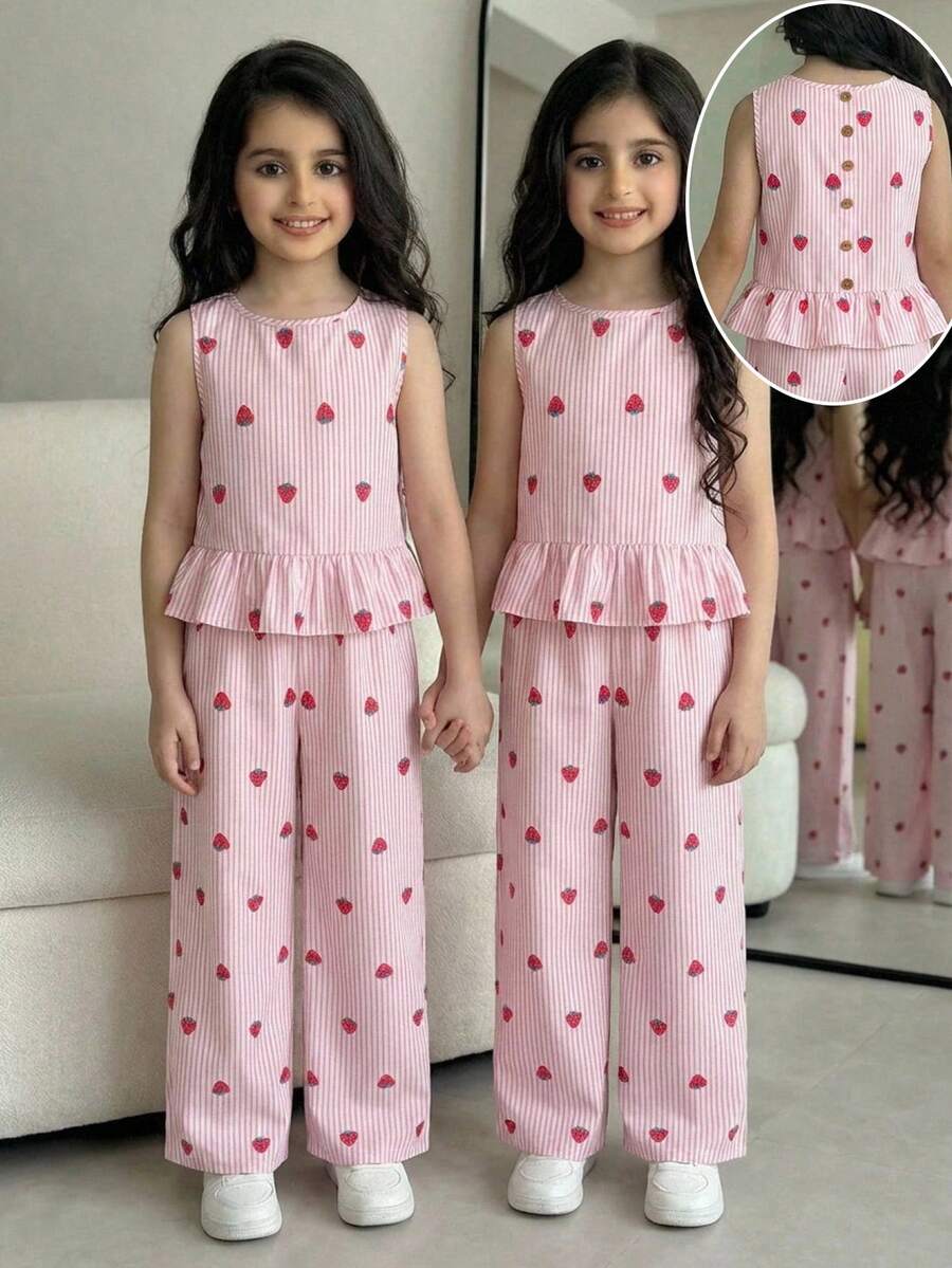 Tween girls casual apricot striped sleeveless top with round neck and ruffle hem paired with matching straight leg pants.