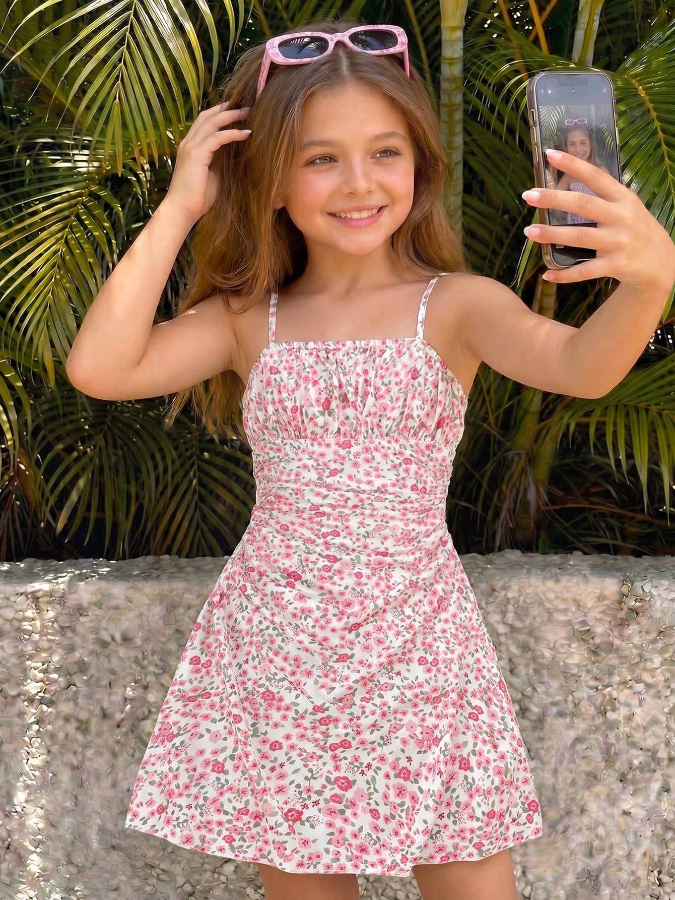 Apricot tween girls sleeveless halter cami dress with appliques, bow front, zipper detail, high waist, flared hem, and short slim fit design.