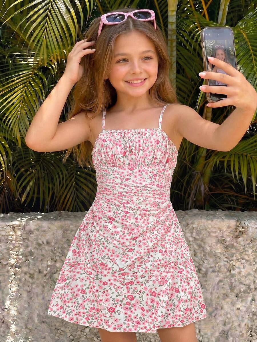 Apricot tween girls sleeveless halter cami dress with appliques, bow front, zipper detail, high waist, flared hem, and short slim fit design.