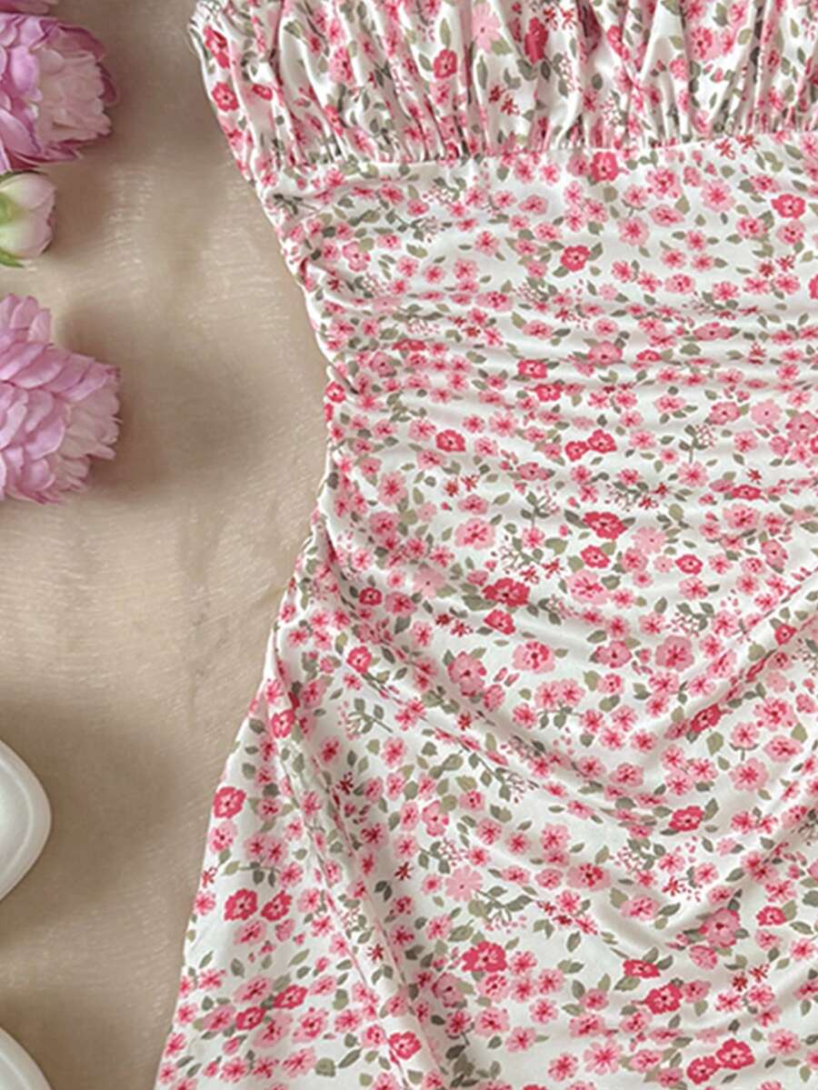 Apricot tween girls sleeveless halter cami dress with appliques, bow front, zipper detail, high waist, flared hem, and short slim fit design.