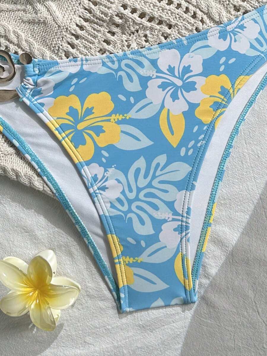 Baby blue floral print bikini set with ring strap detail and matching bikini bottoms.