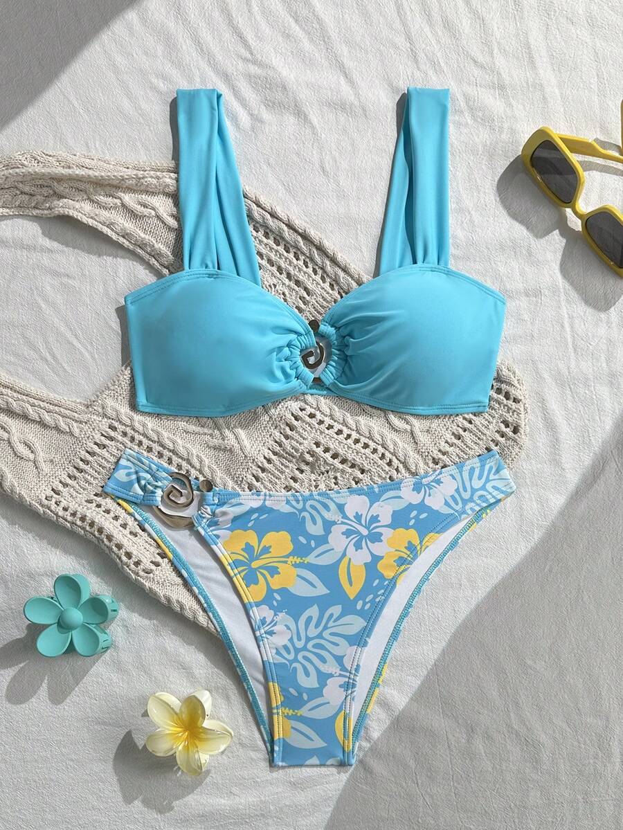 Baby blue floral print bikini set with ring strap detail and matching bikini bottoms.
