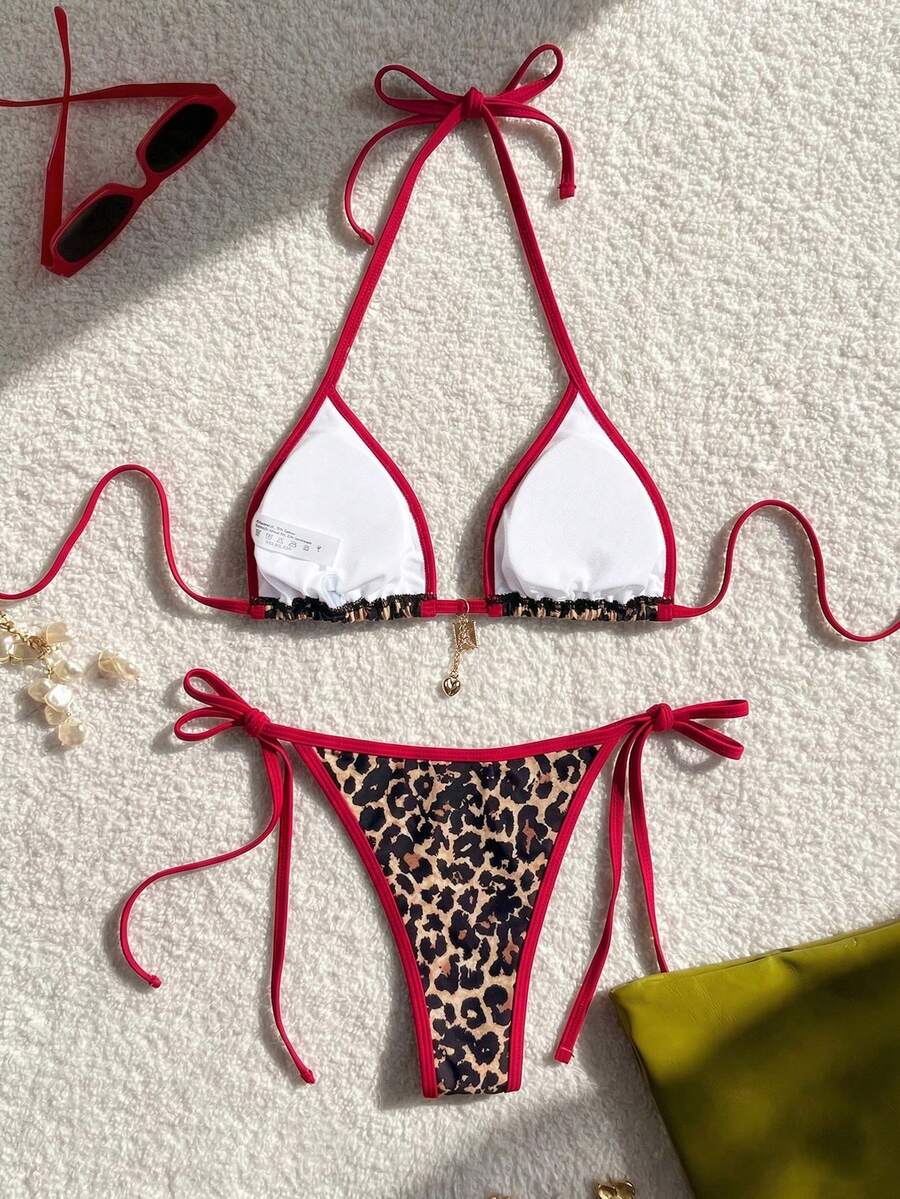 Women's high waist 2-piece triangle bikini set featuring colorblock trim, halter neckline, wireless bra with removable padding, and tie-side bottoms.