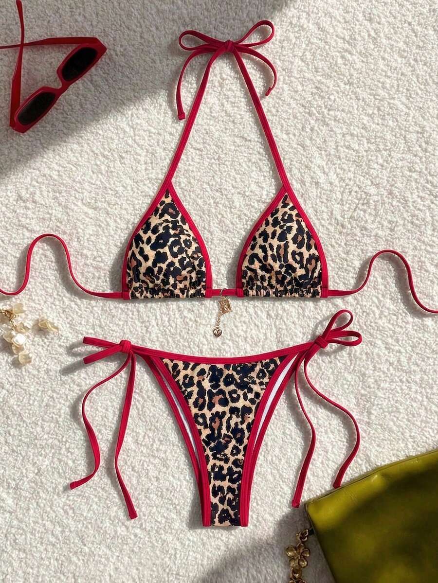 Women's high waist 2-piece triangle bikini set featuring colorblock trim, halter neckline, wireless bra with removable padding, and tie-side bottoms.