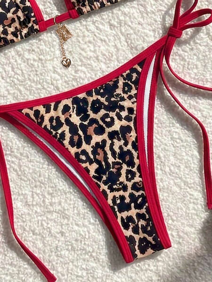 Women's high waist 2-piece triangle bikini set featuring colorblock trim, halter neckline, wireless bra with removable padding, and tie-side bottoms.