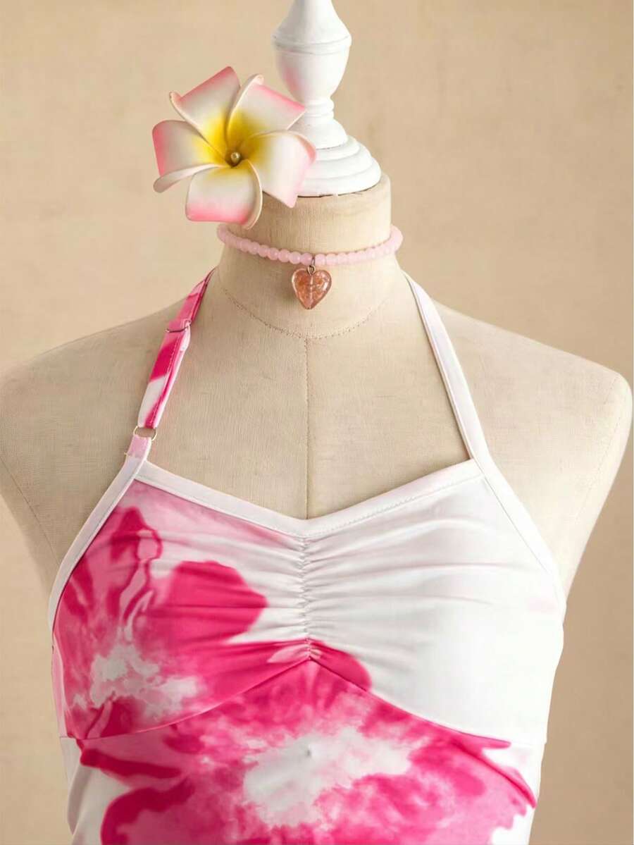 Tween girls apricot sleeveless halter mini dress with textured starfish and shell decor, shirred tiered layer, high waist, and flounce hem.