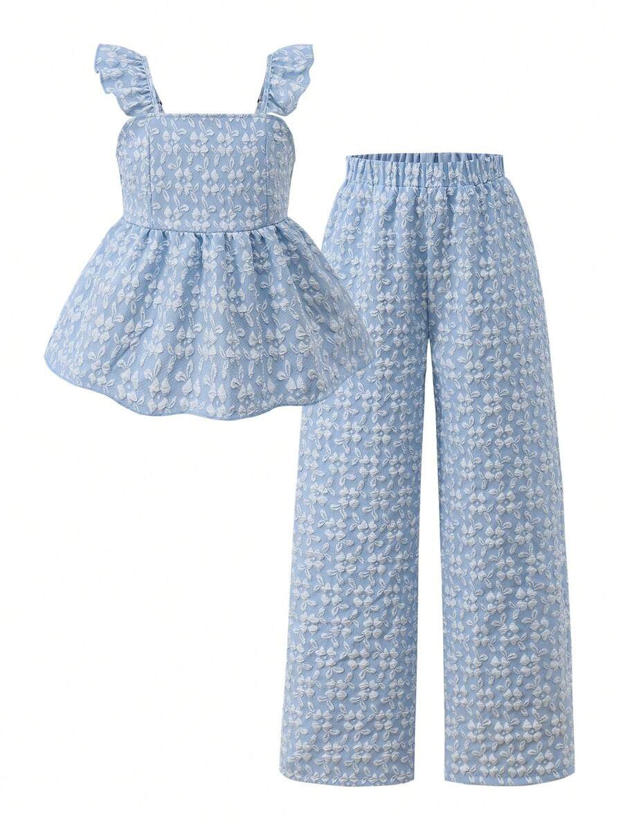 Tween girl wearing an apricot 2-piece outfit set featuring a shirred spaghetti strap short cami top and matching wide-leg long pants.