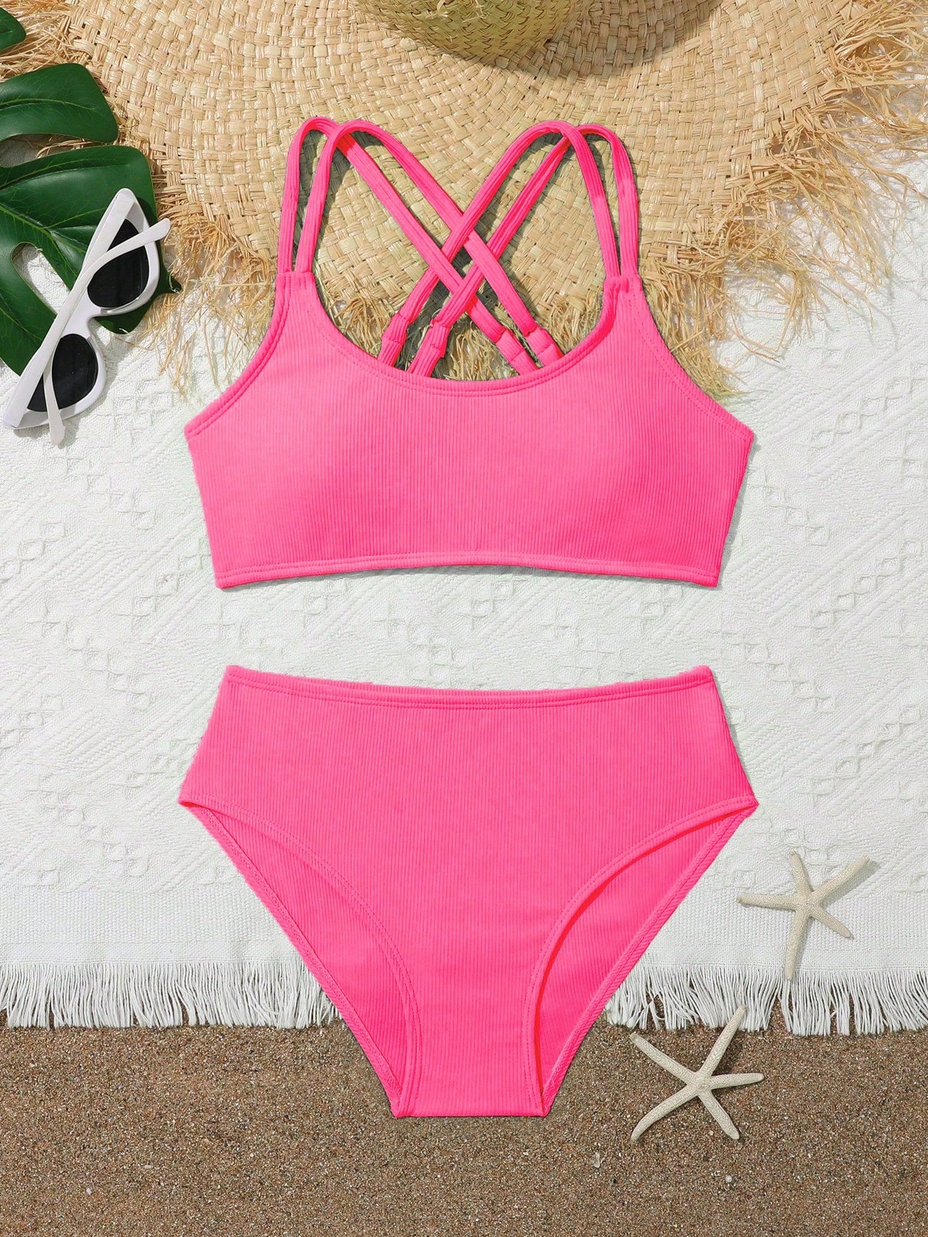 Tween Girls Bikini Sets Orange Summer Modest Activewear Beach Holiday,Knitted Ribbed Two Pieces Swimwear Crisscross Back Tank Top With Briefs Set