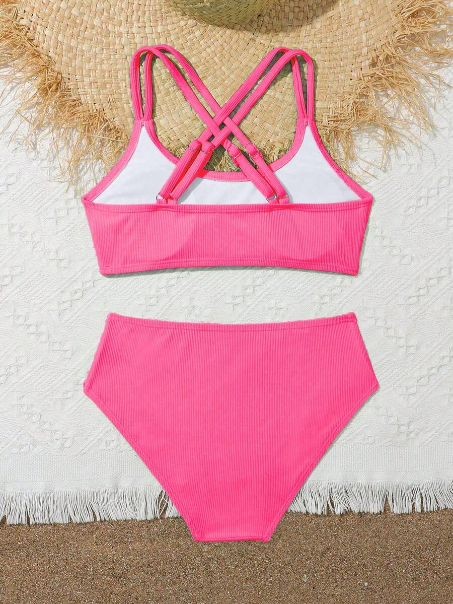Tween Girls Bikini Sets Orange Summer Modest Activewear Beach Holiday,Knitted Ribbed Two Pieces Swimwear Crisscross Back Tank Top With Briefs Set