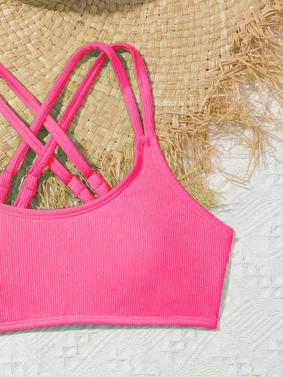 Tween Girls Bikini Sets Orange Summer Modest Activewear Beach Holiday,Knitted Ribbed Two Pieces Swimwear Crisscross Back Tank Top With Briefs Set