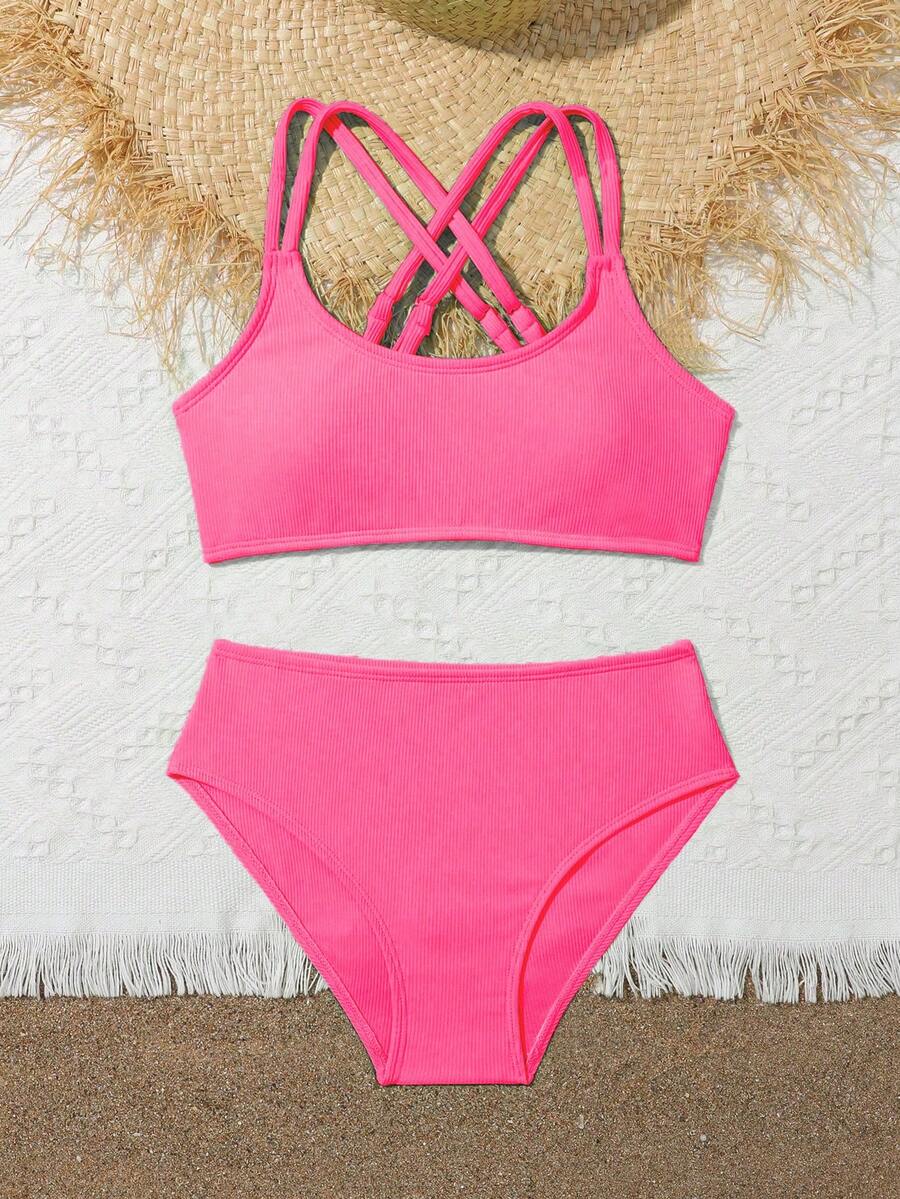 Tween Girls Bikini Sets Orange Summer Modest Activewear Beach Holiday,Knitted Ribbed Two Pieces Swimwear Crisscross Back Tank Top With Briefs Set