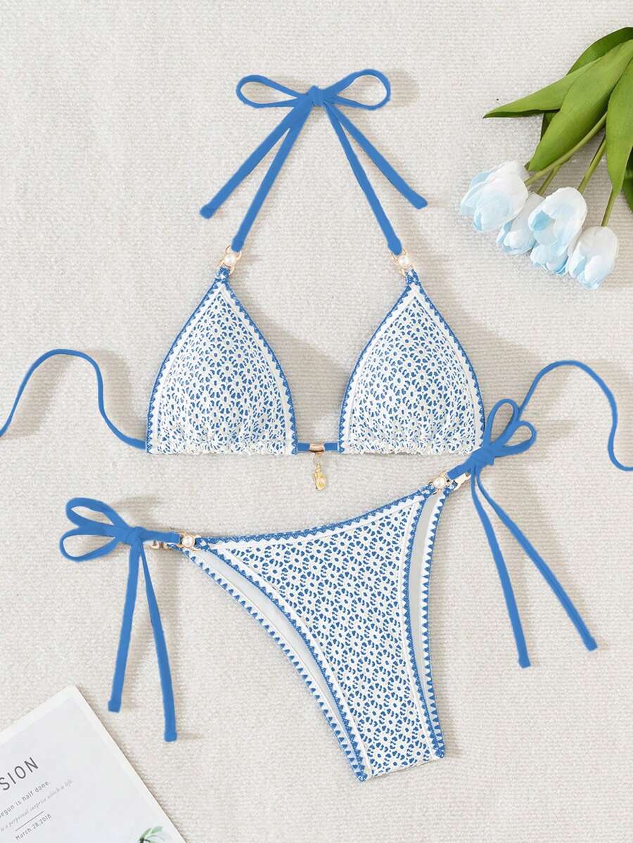 Women's triangle bikini set with contrast lace wireless bra top and ultra high waist tie side bottoms.