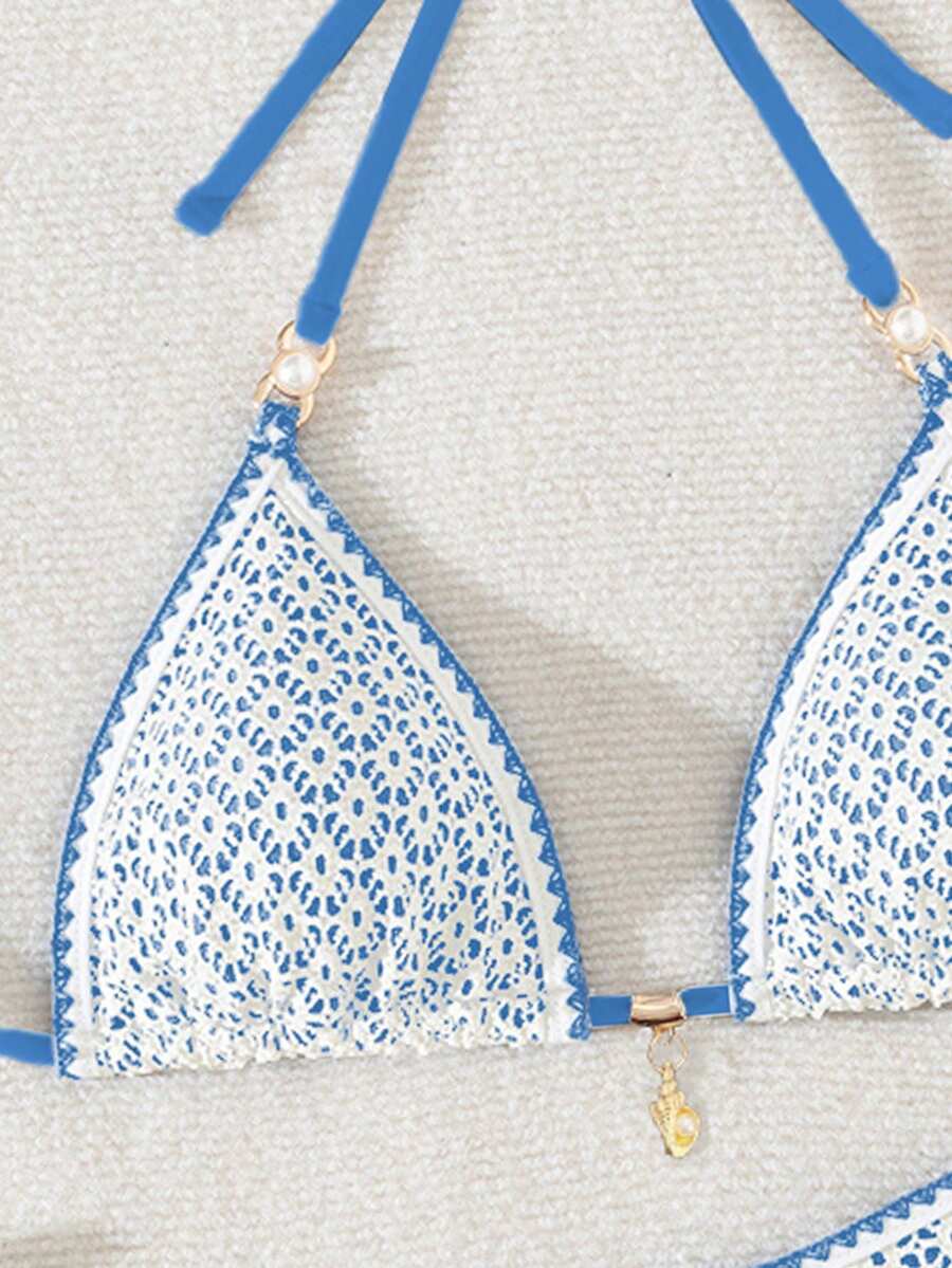Women's triangle bikini set with contrast lace wireless bra top and ultra high waist tie side bottoms.