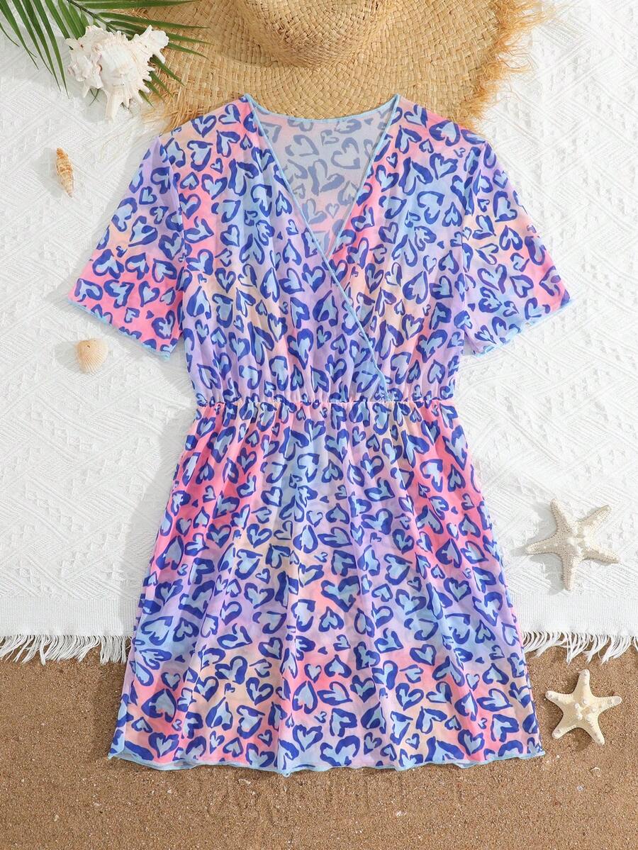 Multicolor heart print long cover up dress for tween girls featuring a V-neck criss-cross wrap front and short sleeves.