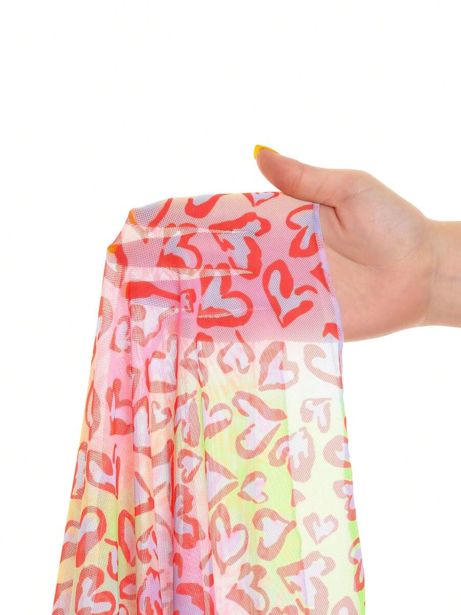Multicolor heart print long cover up dress for tween girls featuring a V-neck criss-cross wrap front and short sleeves.