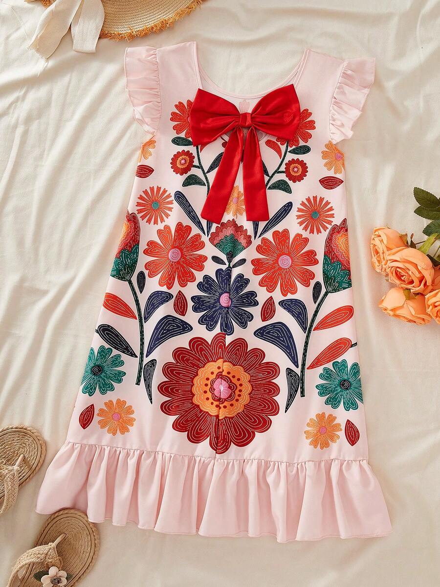Tween girls apricot vacation midi dress featuring a round neck, cut out details, ruffle flounce accents, and geometric pattern.