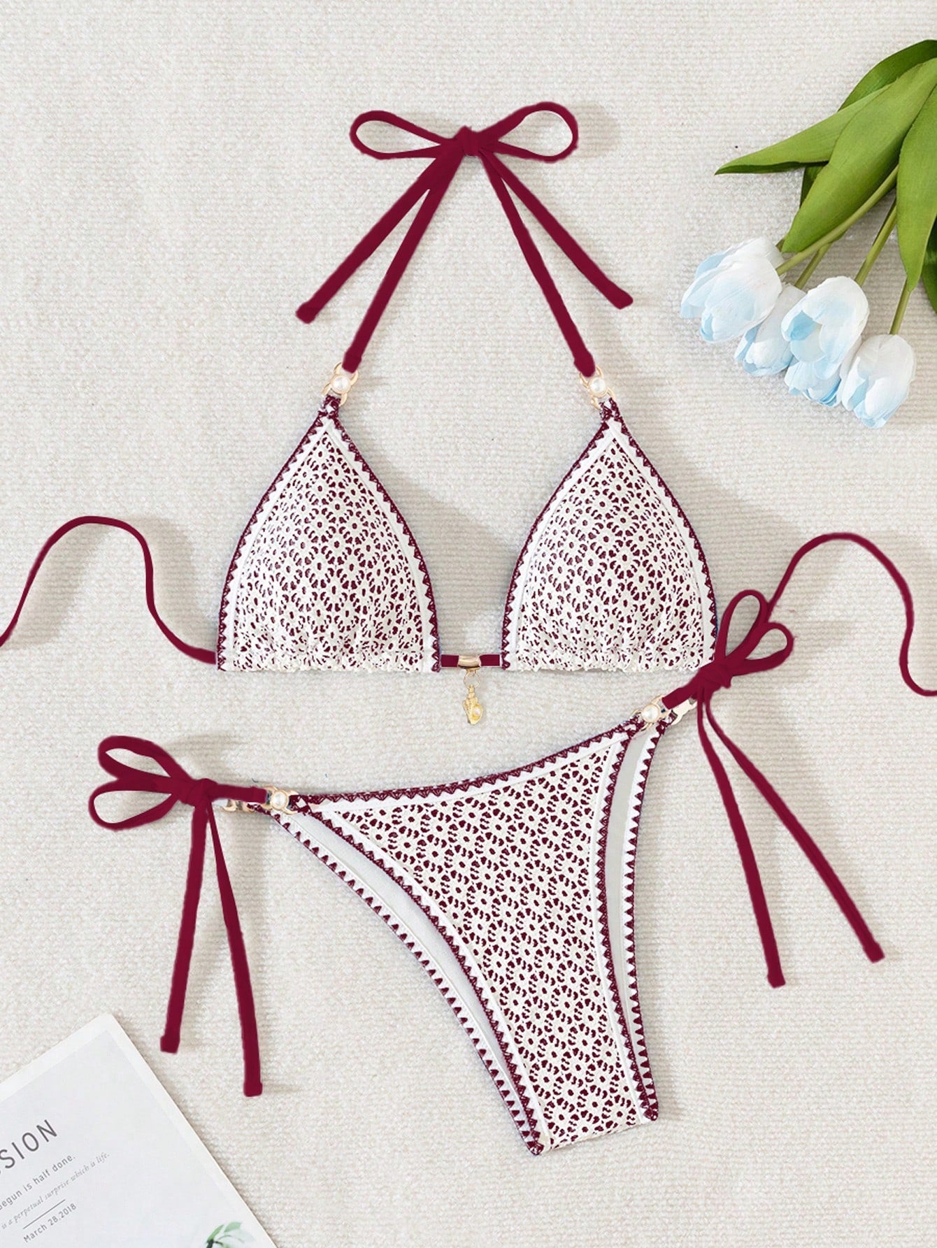 Women's triangle bikini set with contrast lace wireless bra top and ultra high waist tie side bottoms.