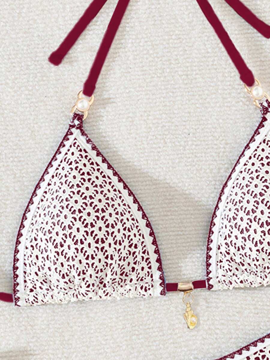 Women's triangle bikini set with contrast lace wireless bra top and ultra high waist tie side bottoms.