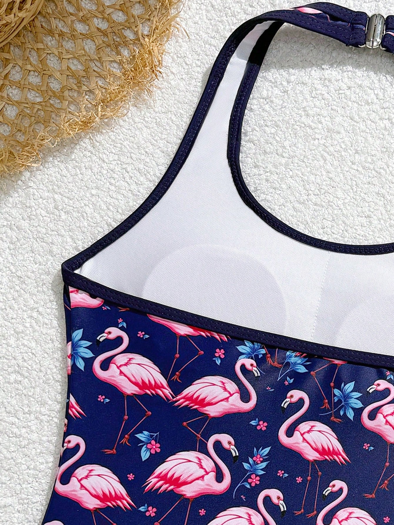 Girls 2-piece swimwear set featuring a butterfly print halter swimsuit top with contrast piping and separate mid-waist shorts; sleeveless, high-stretch, wireless design for beach and vacation wear.