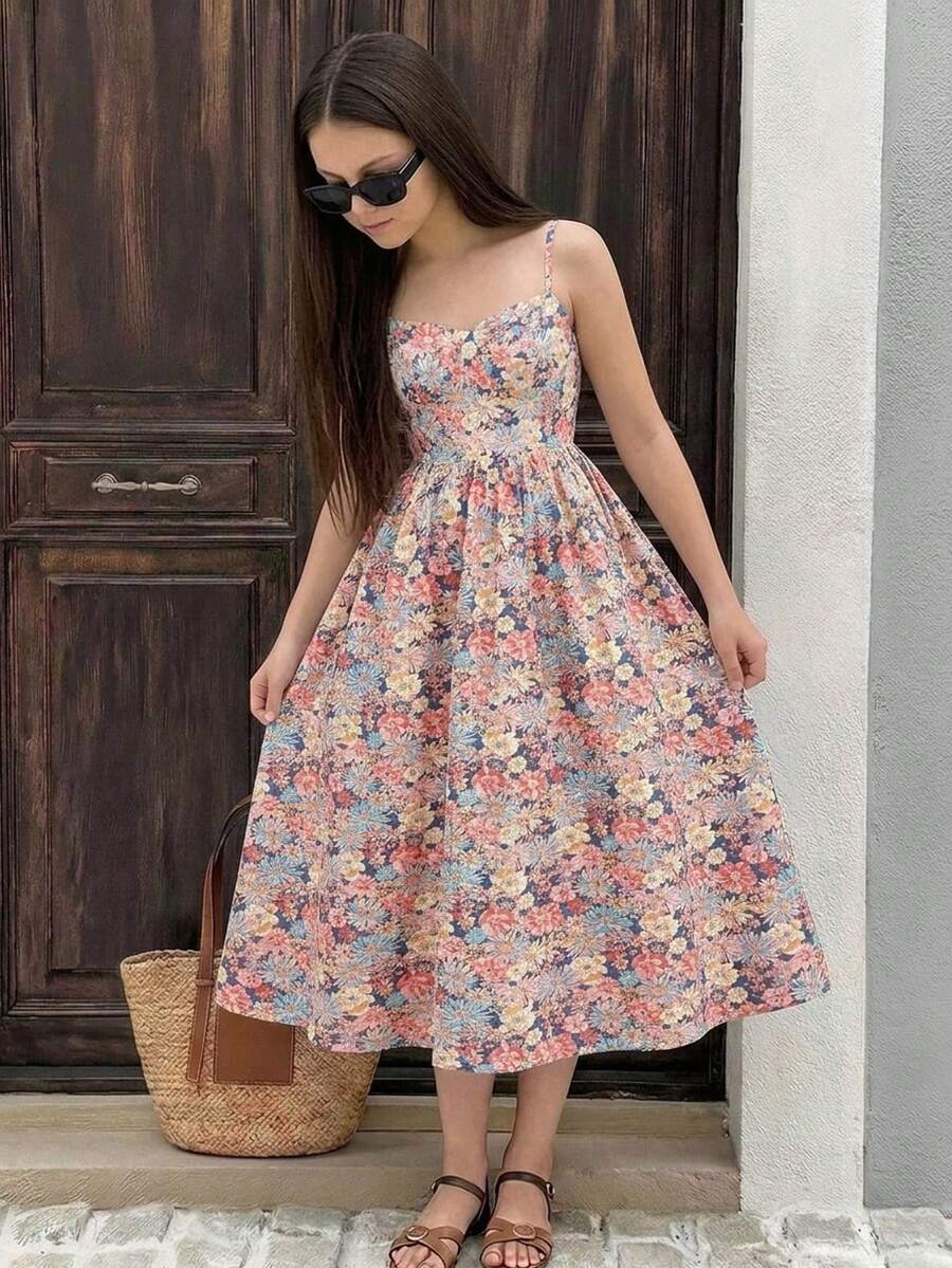 Tween girls apricot polka dot long cami dress with shoulder straps, high waist, and flared A-line skirt.