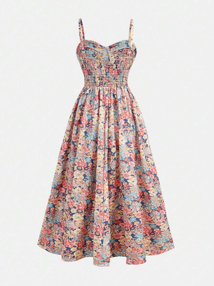 Tween girls apricot polka dot long cami dress with shoulder straps, high waist, and flared A-line skirt.
