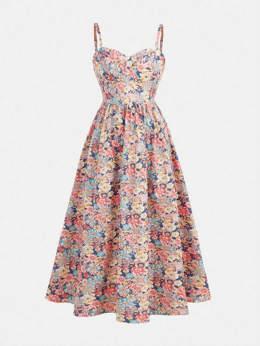 Tween girls apricot polka dot long cami dress with shoulder straps, high waist, and flared A-line skirt.