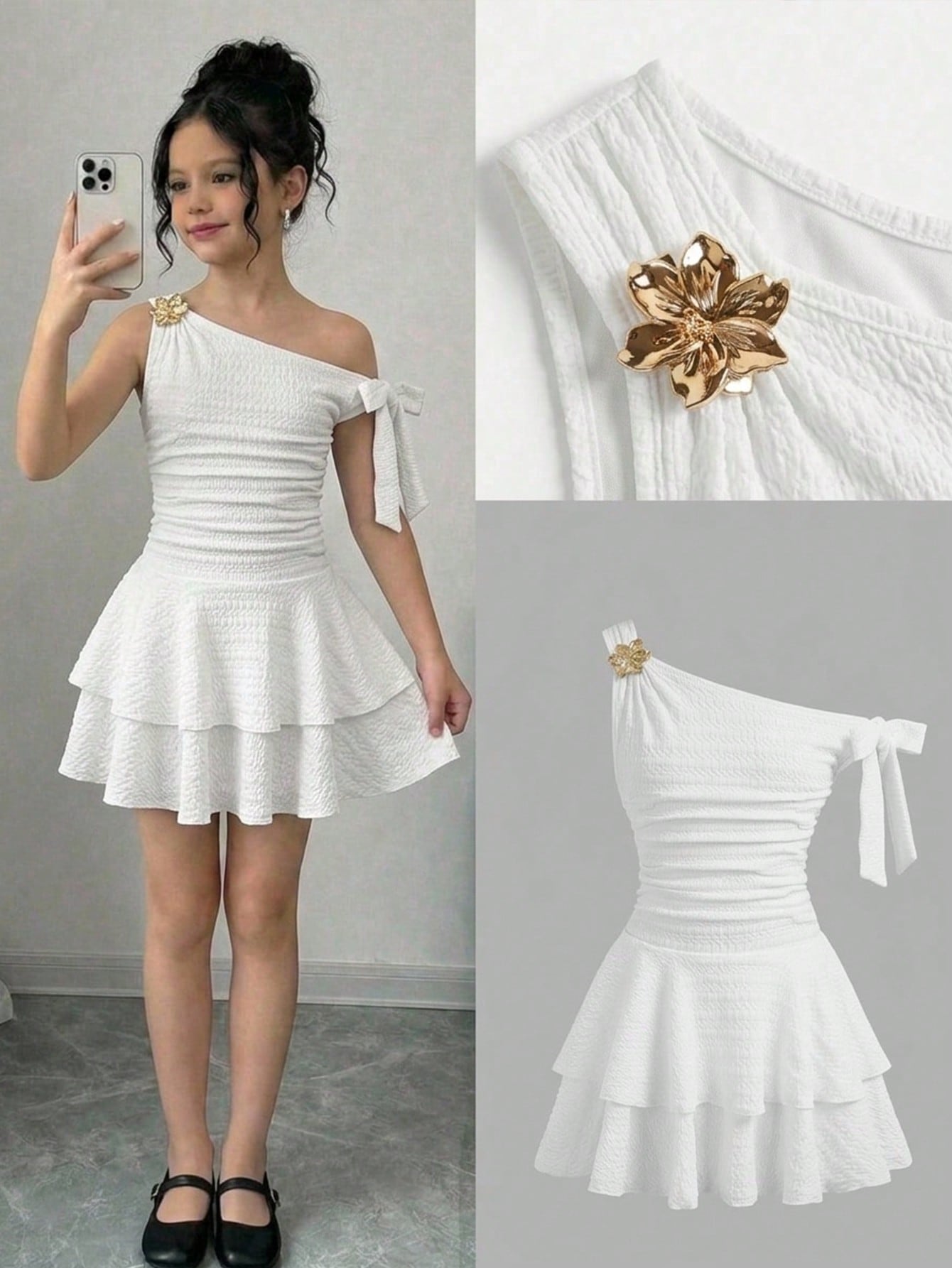 Tween girl wearing an apricot asymmetrical tiered sleeveless party dress with an A-line silhouette.