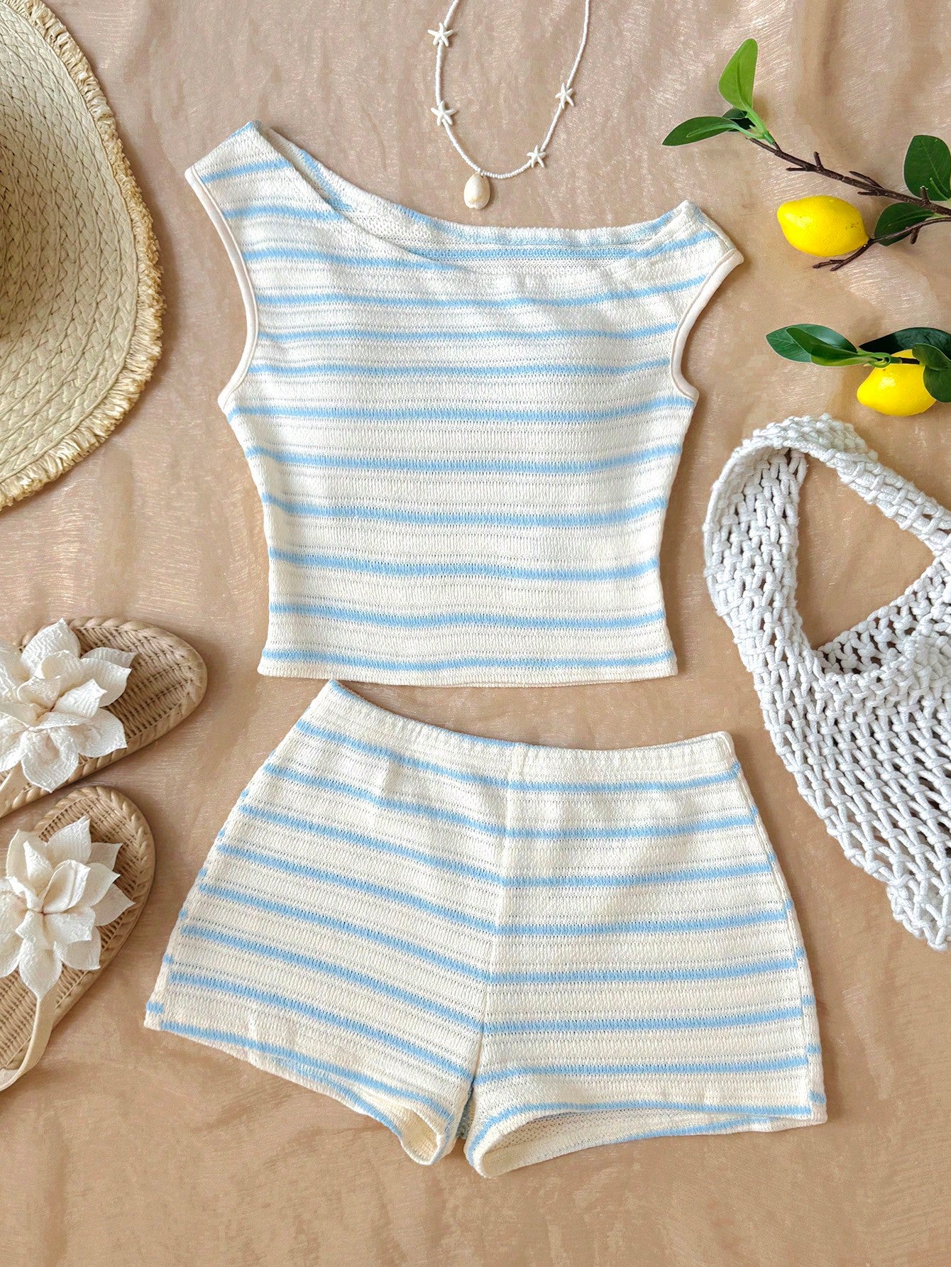 Tween girls army green striped rib-knit two-piece set with asymmetrical neck crop top and matching slim fit shorts.