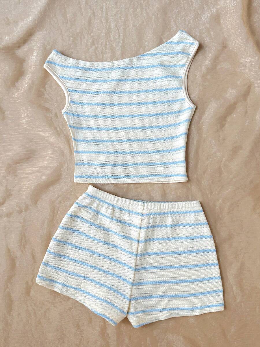 Tween girls army green striped rib-knit two-piece set with asymmetrical neck crop top and matching slim fit shorts.