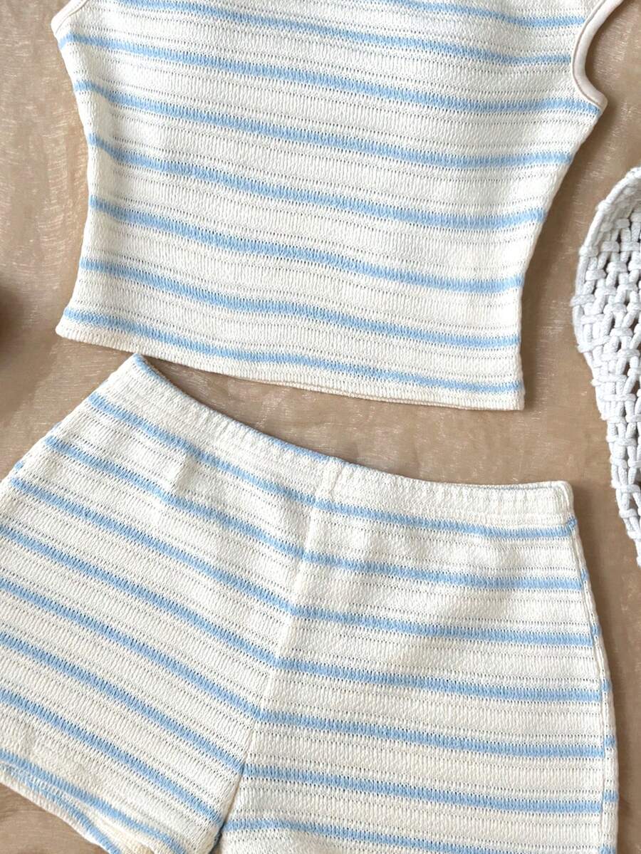 Tween girls army green striped rib-knit two-piece set with asymmetrical neck crop top and matching slim fit shorts.
