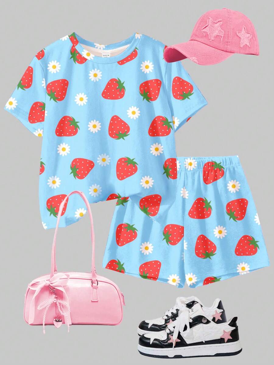 Tween girls multicolor tie-dye 2-piece outfit set featuring a drop-shoulder short-sleeve t-shirt and matching loose track shorts with side pockets.