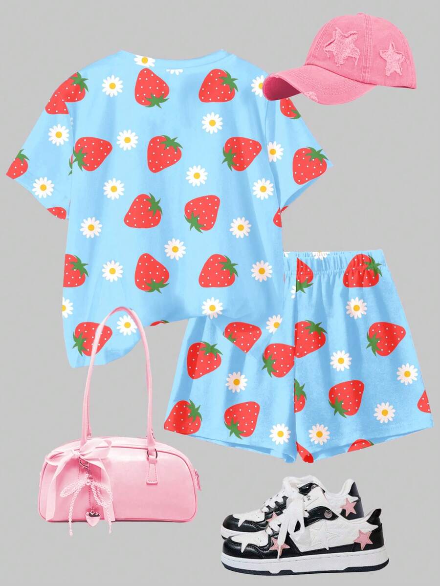 Tween girls multicolor tie-dye 2-piece outfit set featuring a drop-shoulder short-sleeve t-shirt and matching loose track shorts with side pockets.