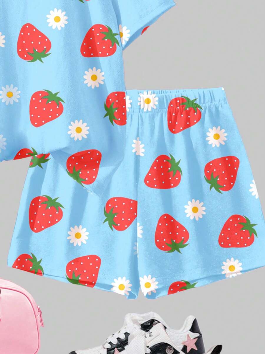 Tween girls multicolor tie-dye 2-piece outfit set featuring a drop-shoulder short-sleeve t-shirt and matching loose track shorts with side pockets.