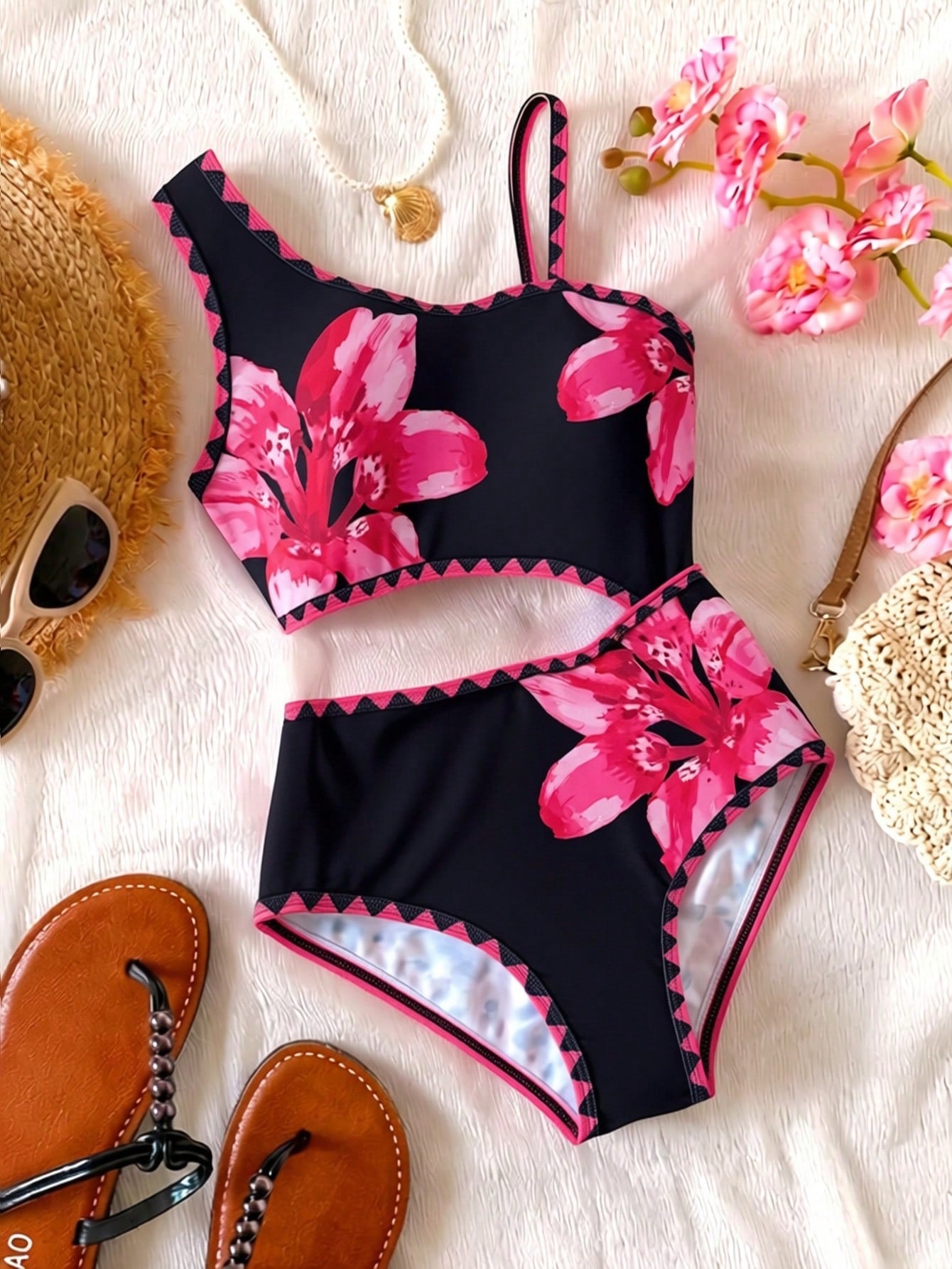 Tween girls one-piece swimsuit featuring an asymmetric neckline, pendant decor, plain design, wireless bra, high-cut bottom, and medium-stretch fabric.