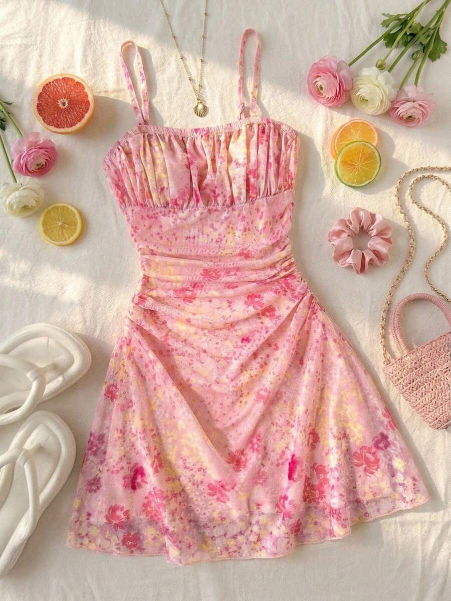Apricot tween girls sleeveless halter cami dress with appliques, bow front, zipper detail, high waist, flared hem, and short slim fit design.