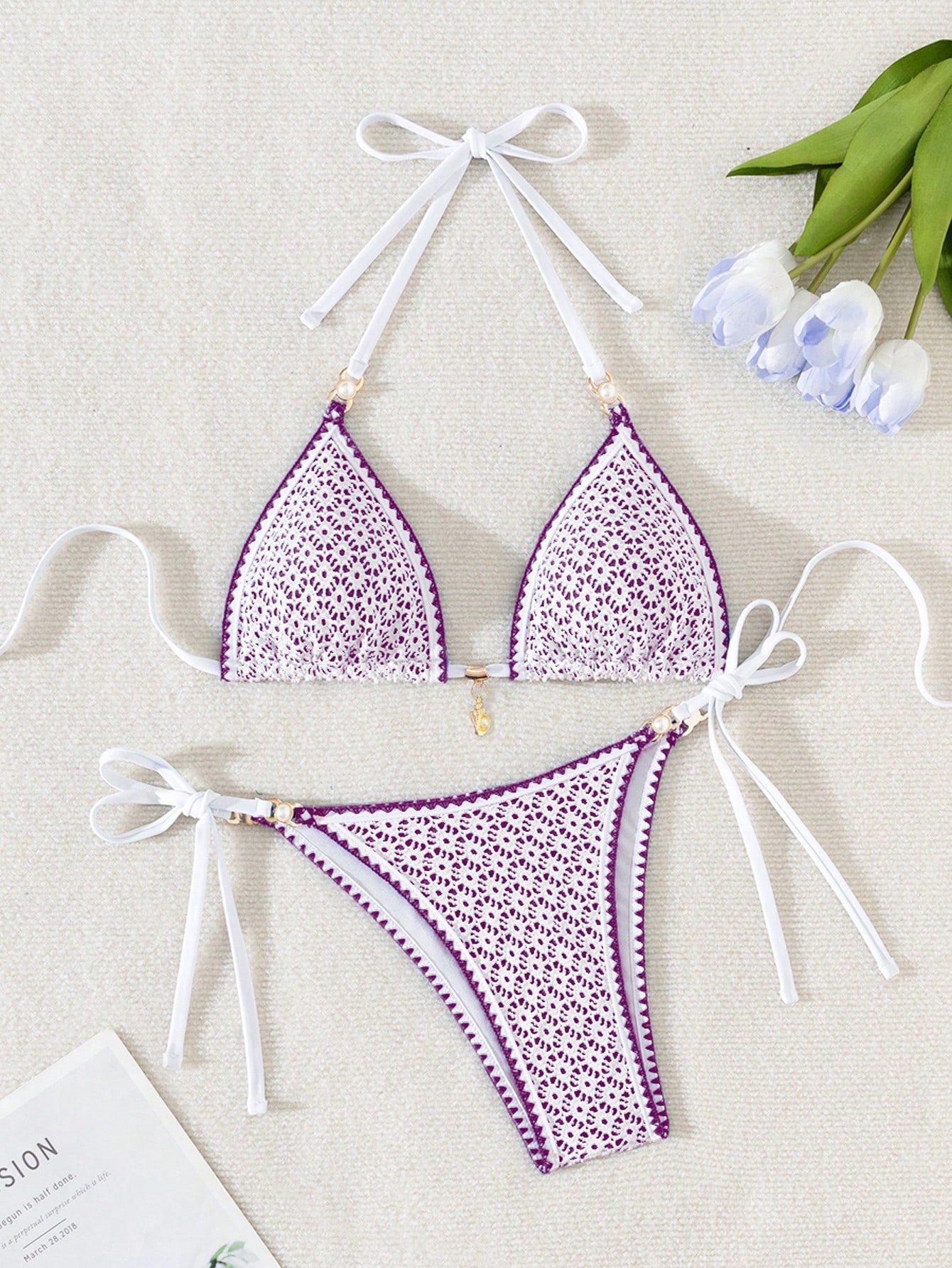 Women's triangle bikini set with contrast lace wireless bra top and ultra high waist tie side bottoms.