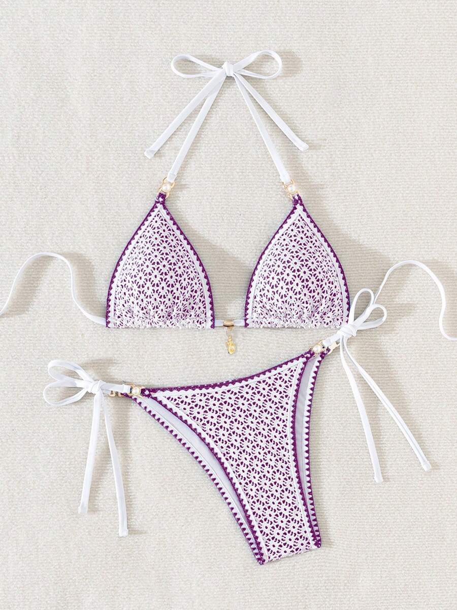 Women's triangle bikini set with contrast lace wireless bra top and ultra high waist tie side bottoms.