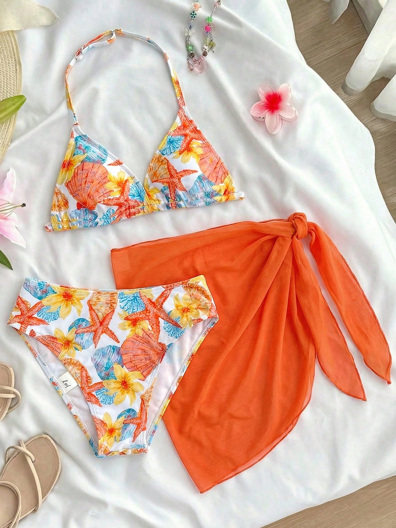 3pcs/Set Girl Orange Shell Print Swimwear Top&Bottoms,Beach Vacation Style Tropical Three Pieces Set Summer Swimwears For Tween Sets