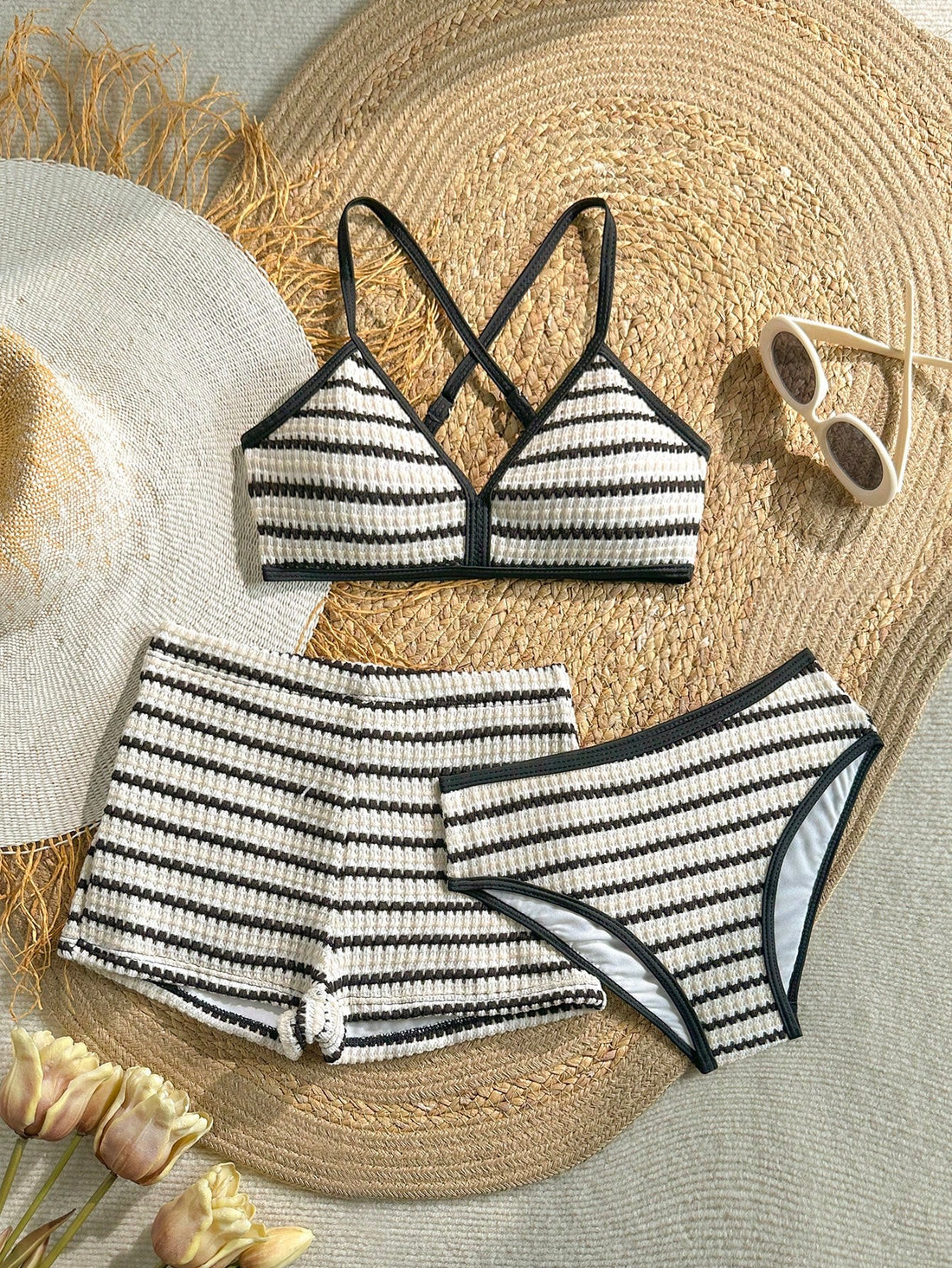 Kids Tween Girl/Tween Girls Black And White Stripe Tankini 3 PiecesBeach Pool Partywear Set, Shorts, Casual Holiday Beach Swimwear, Fashion Summer