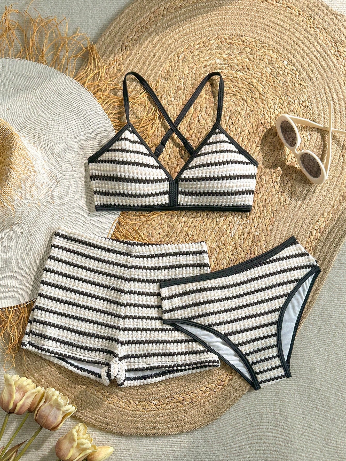 Kids Tween Girl/Tween Girls Black And White Stripe Tankini 3 PiecesBeach Pool Partywear Set, Shorts, Casual Holiday Beach Swimwear, Fashion Summer